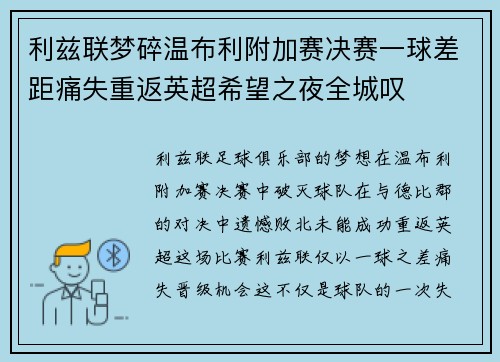 利兹联梦碎温布利附加赛决赛一球差距痛失重返英超希望之夜全城叹